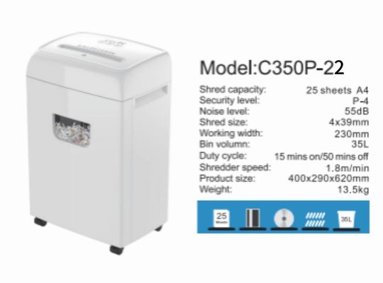 Νέο Προϊόν Βαρύ Καθήκον Μεγάλος Κάδος 35L Καταστροφέας Χαρτιού 22 Φύλλων Cross Cut Για Γραφείο και οικιακή χρήση C350P-22